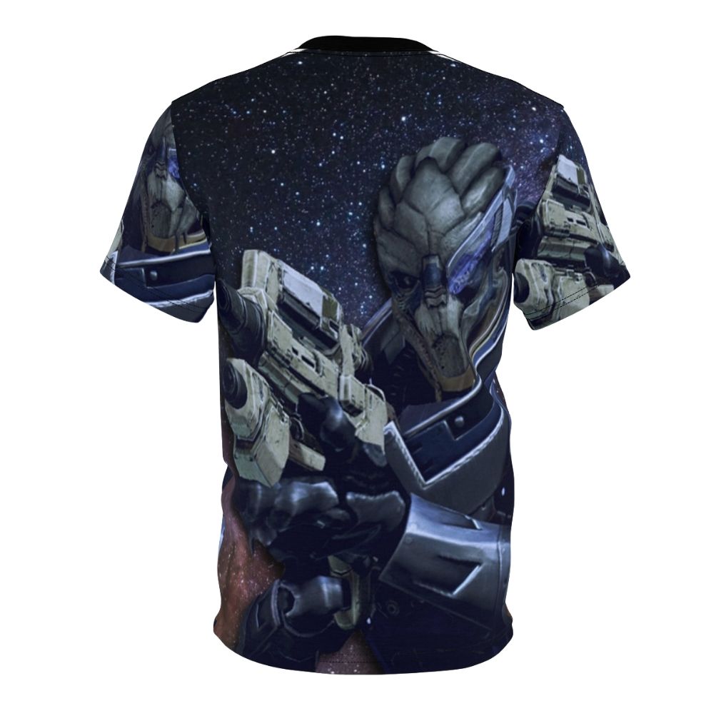 Garrus Vakarian, a popular alien character from the Mass Effect video game series, featured on a high-quality t-shirt design. - Back