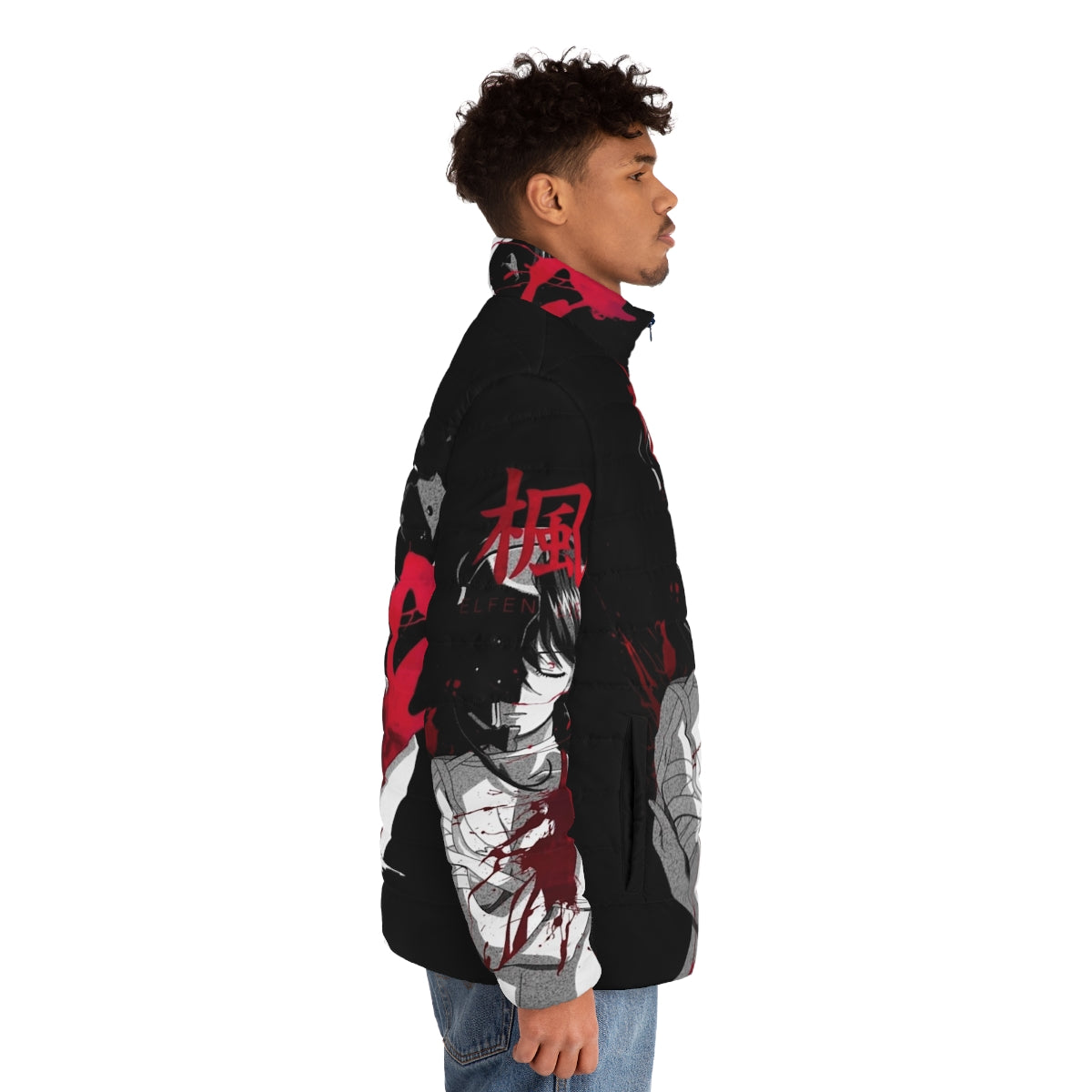 Dark puffer jacket with anime-inspired design - men side right