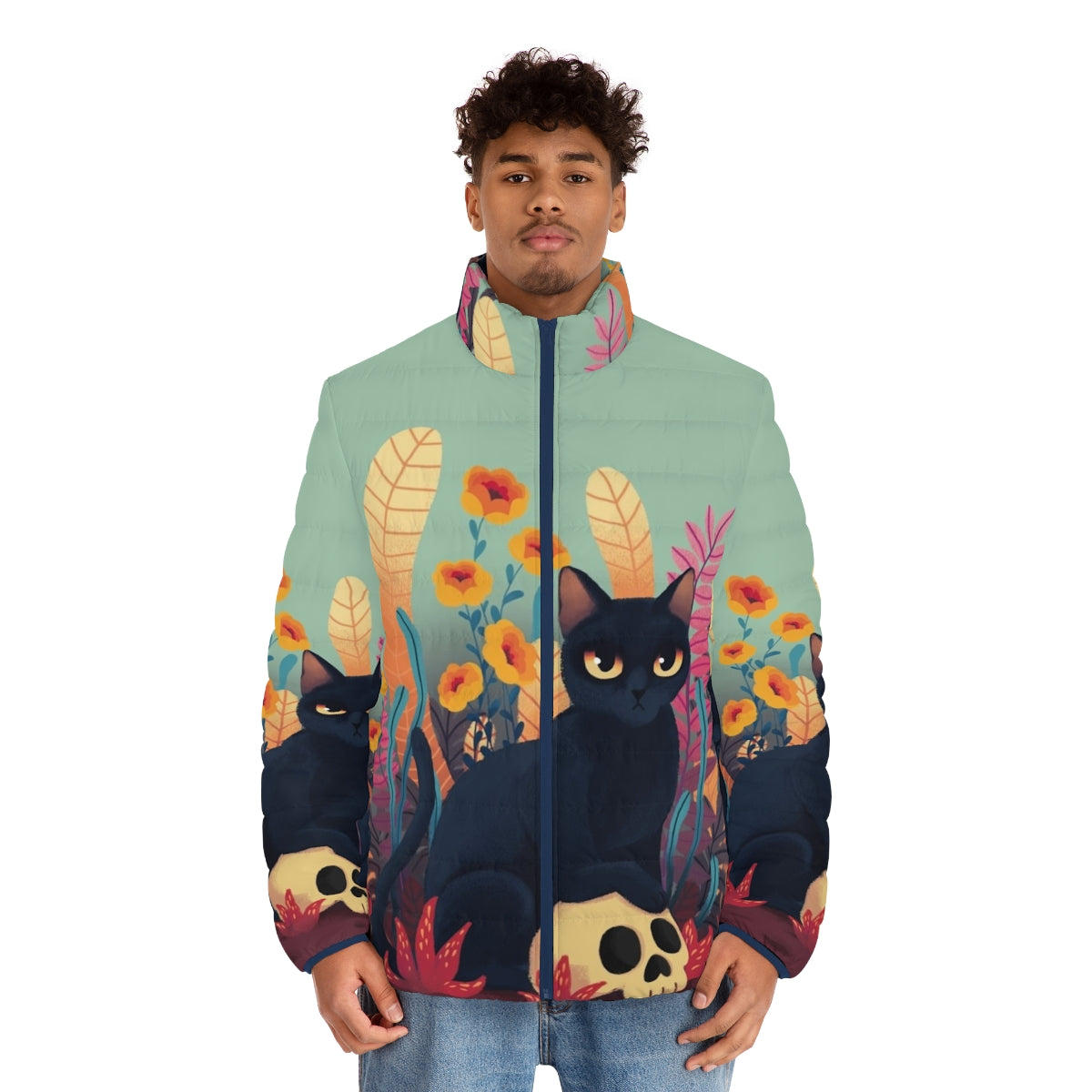 Skull Kitty Puffer Jacket with Floral and Autumn Motifs - men front