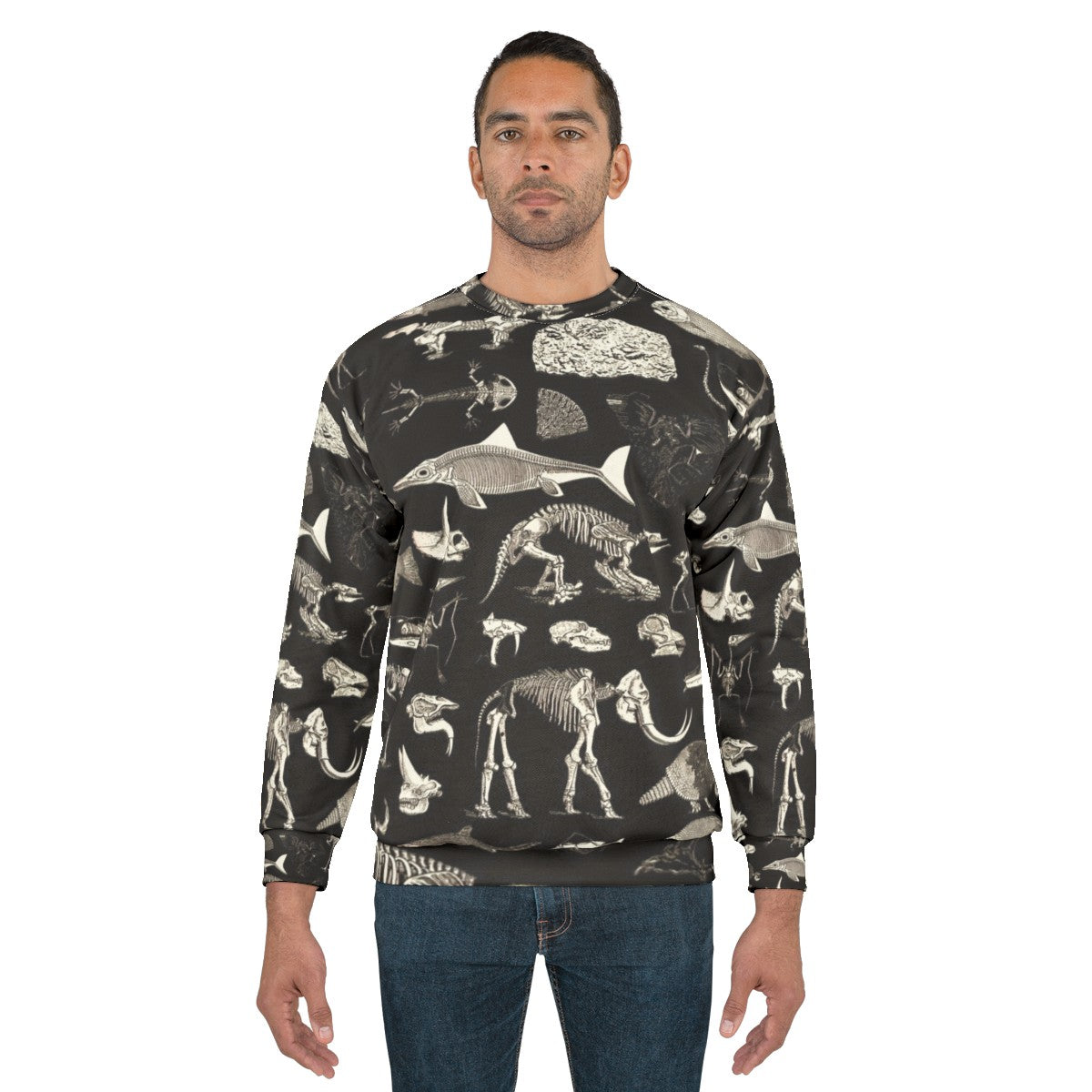 Paleontology Illustration Sweatshirt featuring fossils, dinosaurs, and skeletons - men