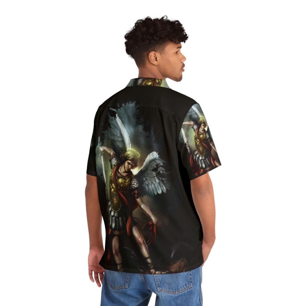 Archangel Michael Hawaiian Shirt with Celestial Wings - Flat lay