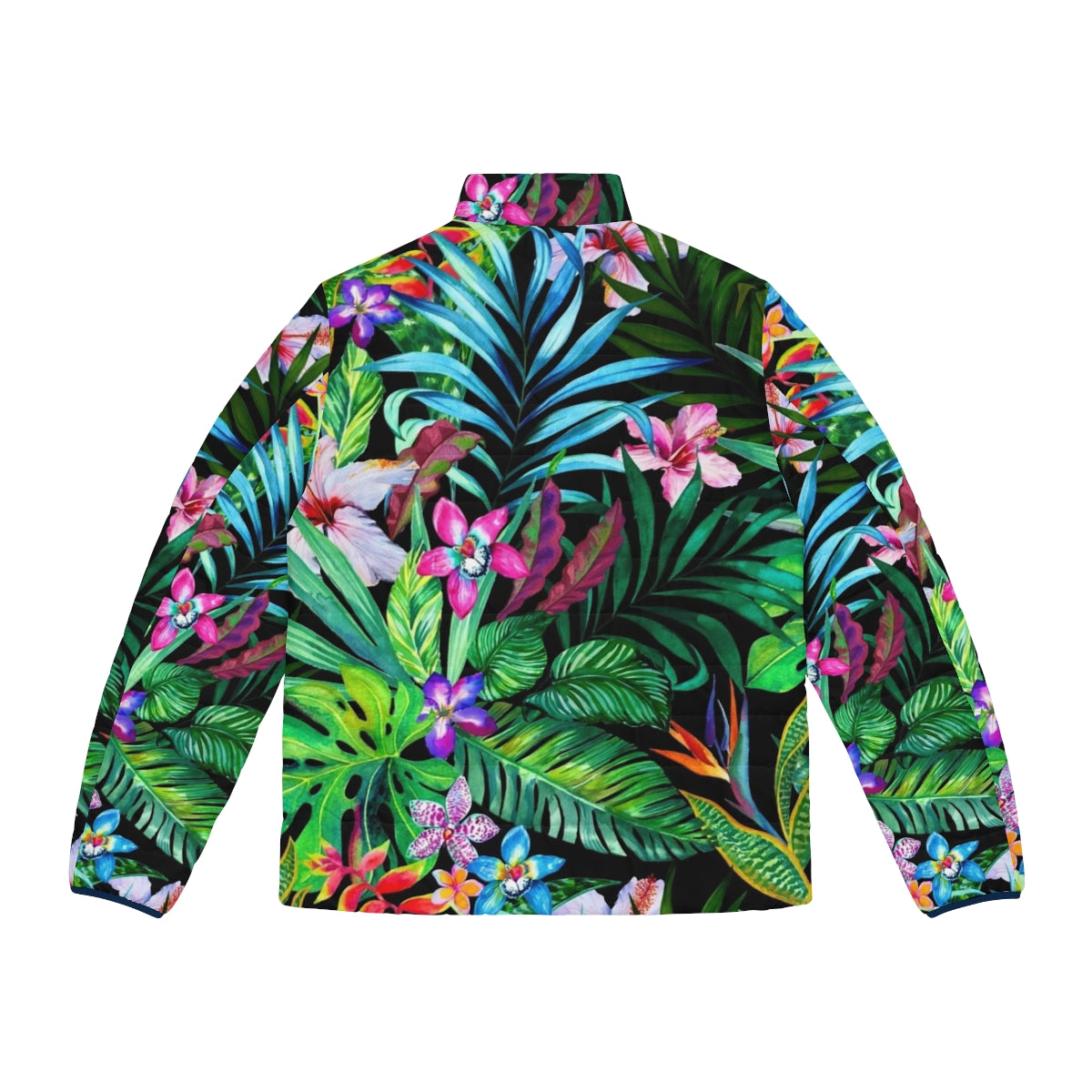 Tropical Fest Puffer Jacket with vibrant floral and leaf pattern - Back