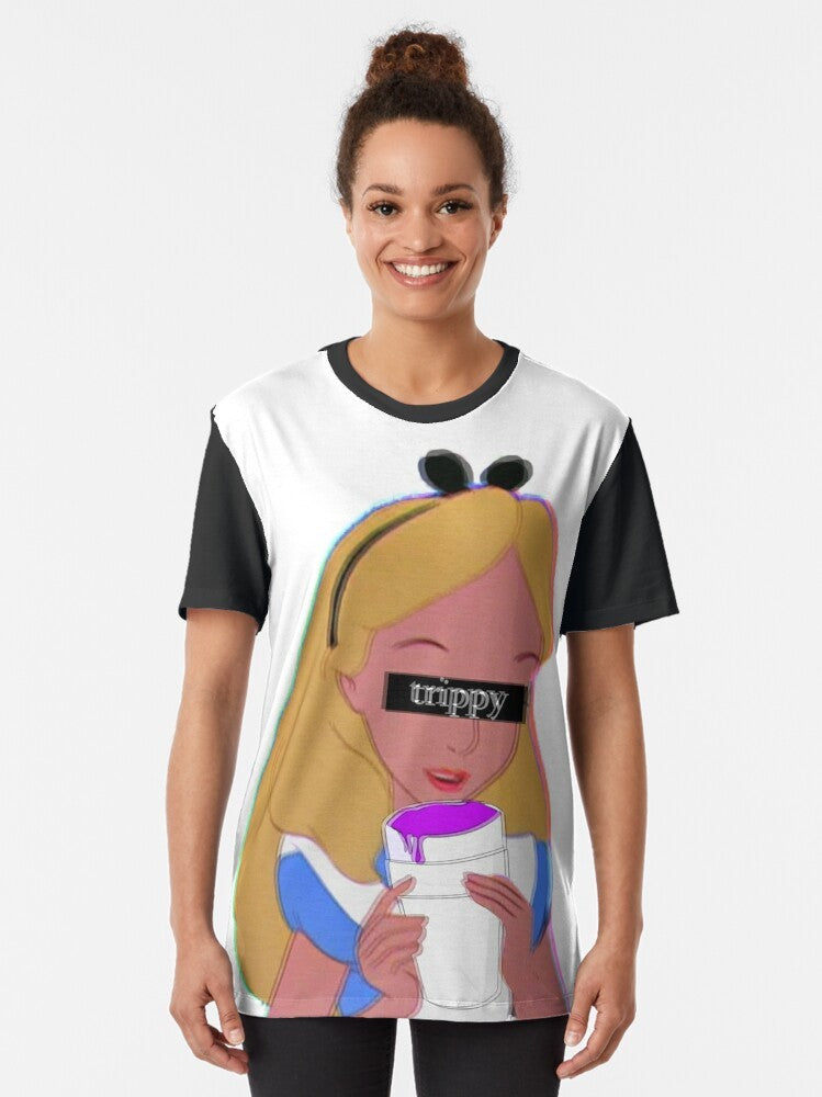 Trippy alice in wonderland graphic t-shirt with psychedelic, mind-bending design - Women