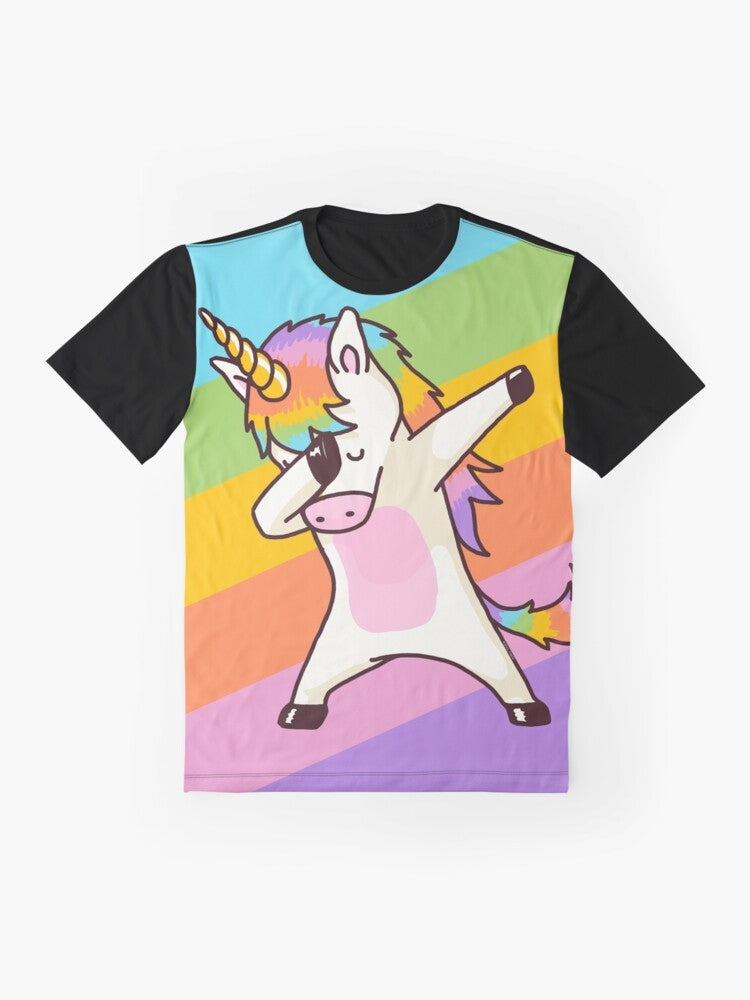 A graphic t-shirt featuring a dabbing unicorn wearing sunglasses and a hip hop-inspired design. - Flat lay