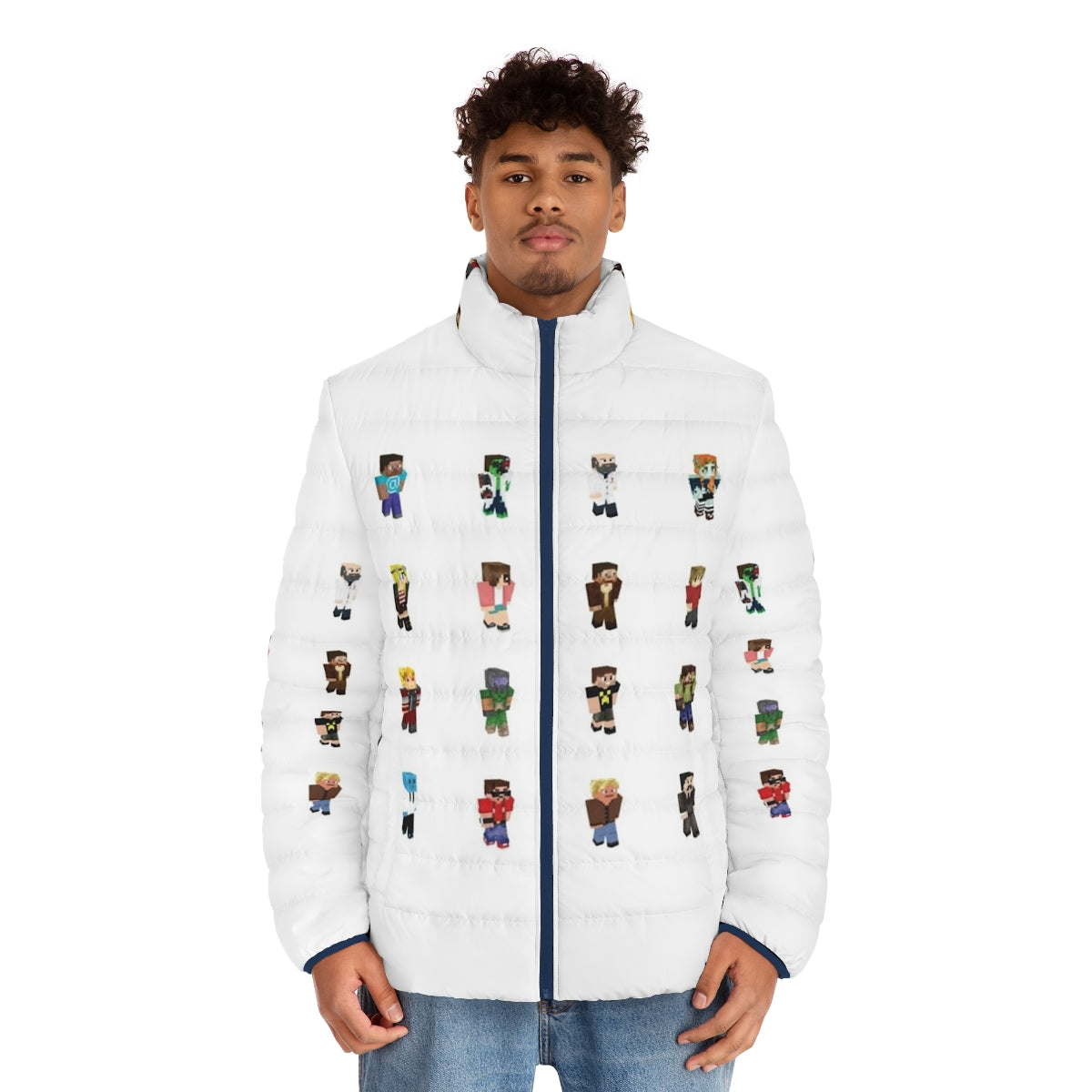 Hermitcraft inspired puffer jacket featuring popular Minecraft YouTubers - men front