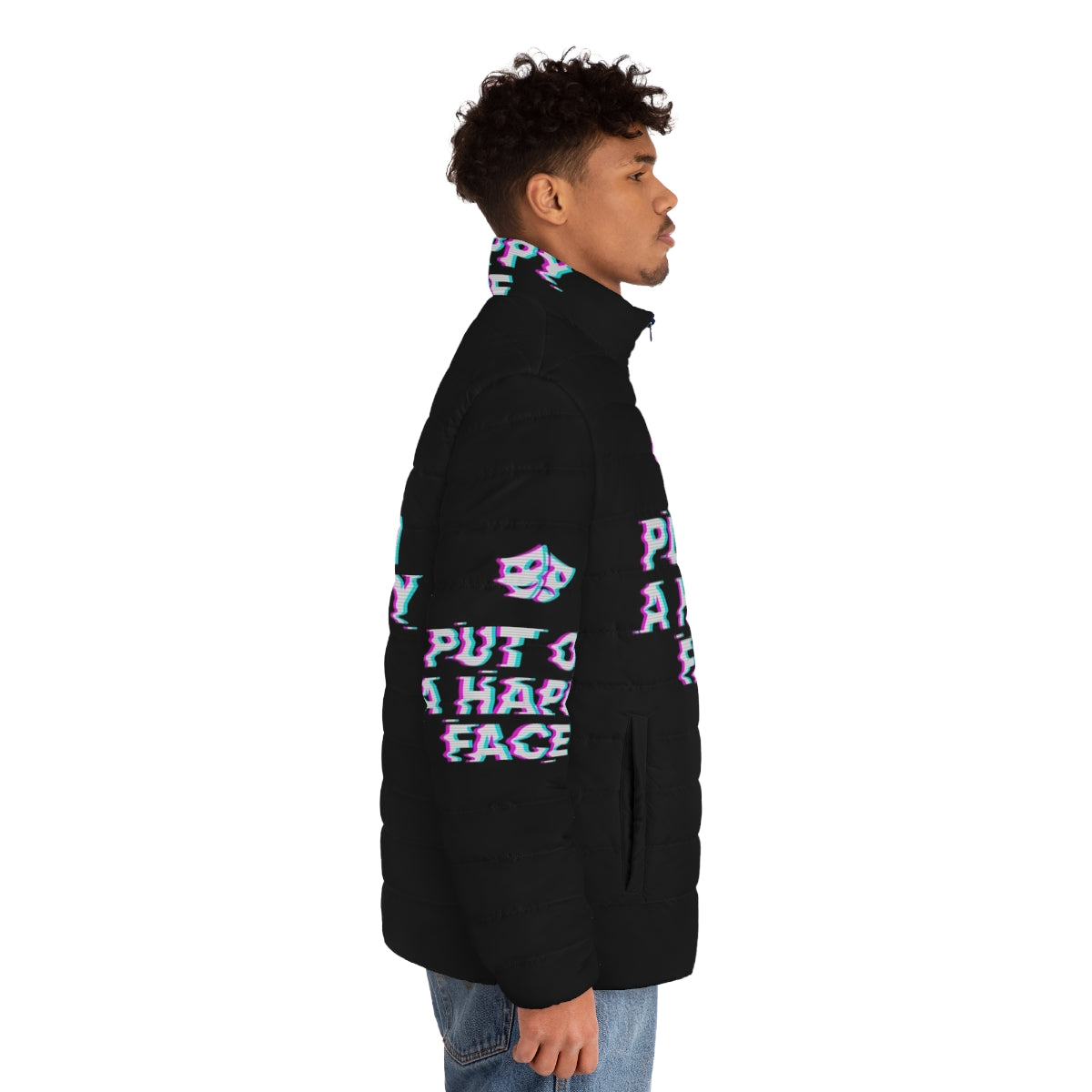 A vintage-inspired puffer jacket with the Joker's iconic "happy face" design, blending pop culture and ironic typography. - men side right