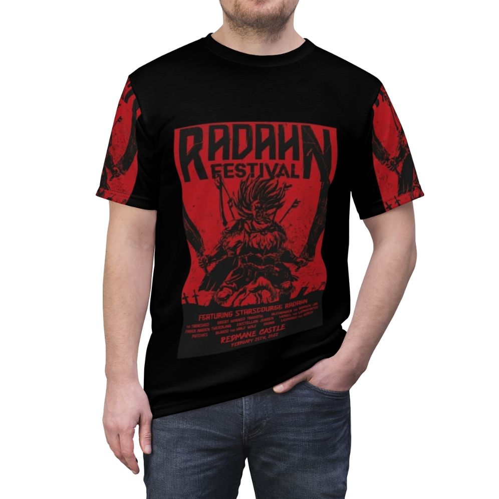 Elden Ring Radahn Festival Gaming T-Shirt featuring Radahn, Melina, and Malenia - men front