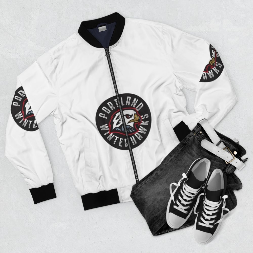 Portland Winterhawks Bomber Jacket with Hockey Logo - Flat lay