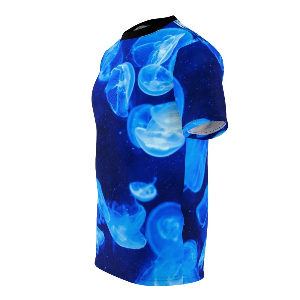 Stunning all-over print t-shirt featuring a colorful blue jellyfish design - men left