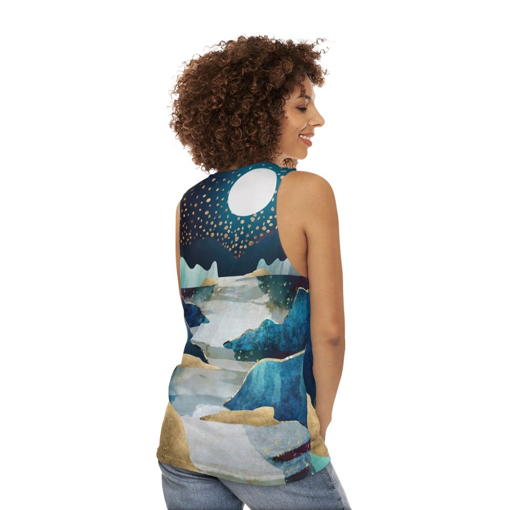 Unisex tank top with a moon glow celestial design - women back