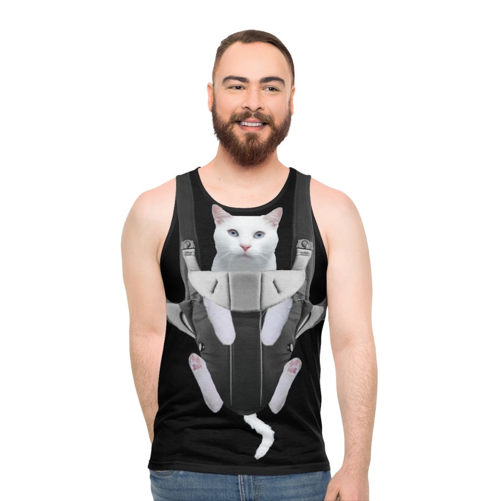 Cute tabby cat in a baby carrier on a unisex tank top - men