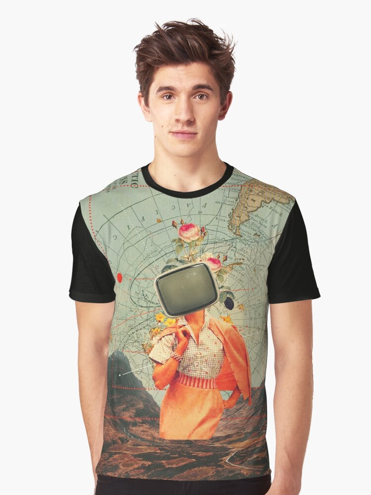 Vintage collage graphic t-shirt featuring a surreal landscape design with mountains, nature, and a retro woman. - Men