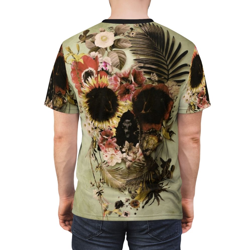 Artwork featuring a skull design with floral and nature elements, showcased on an all-over print t-shirt. - men back