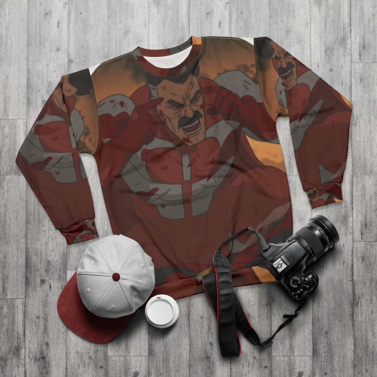 Omni Man Sweatshirt with Invincible TV Series Design - flat lay