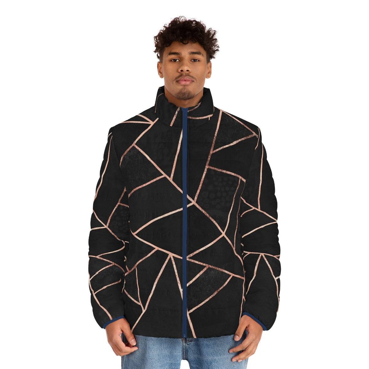 Black and rose gold puffer jacket with abstract geometric design - men front