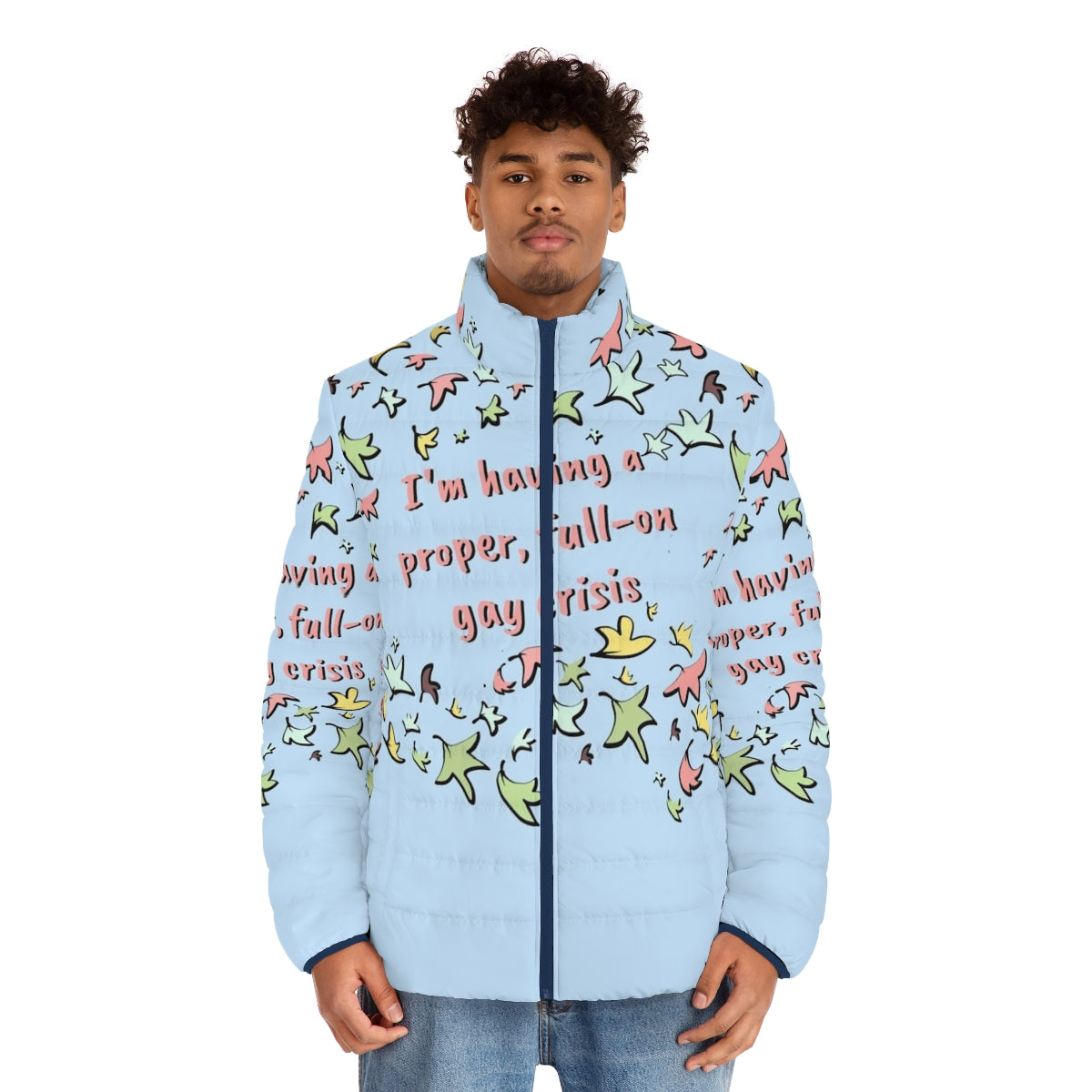 Heartstopper inspired puffer jacket featuring leaves design and Nick and Charlie characters - men front