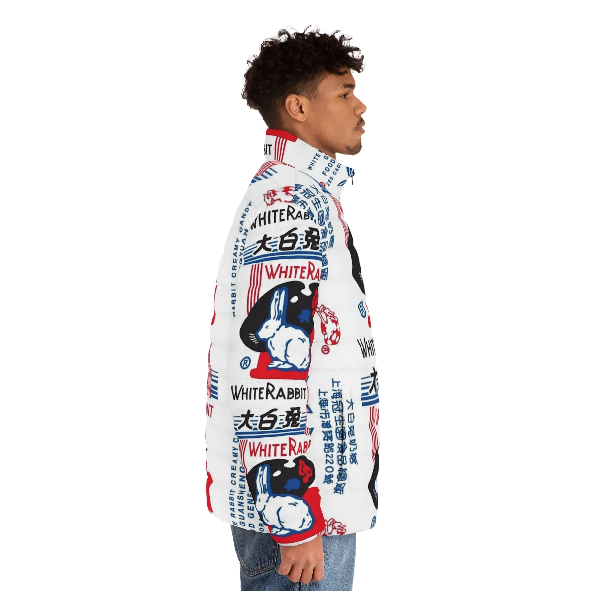 Cozy white puffer jacket featuring the iconic White Rabbit candy design - men side right