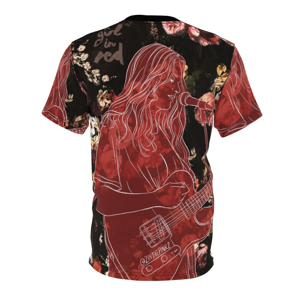 Vibrant floral design t-shirt featuring the girl in red music logo for LGBTQ+ fans - Back