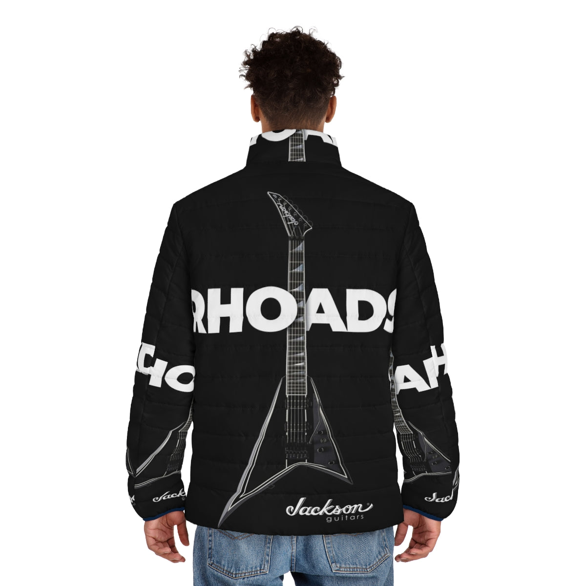 Randy Rhoads Iconic Jackson Puffer Jacket featuring heavy metal guitar design - men back