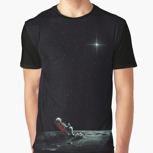 Stylish graphic t-shirt featuring a surreal space and astronomy-inspired design