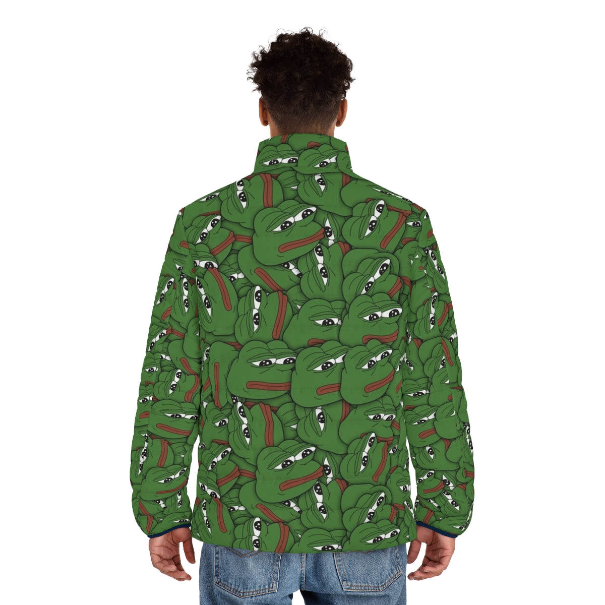 Pepe the Frog inspired puffer jacket with a humorous, meme-inspired design - men back