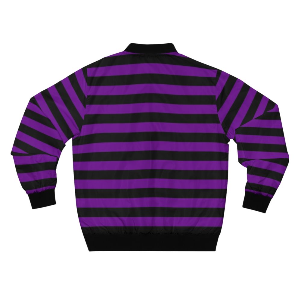 A medium-weight bomber jacket with horizontal violet and black stripes. - Back