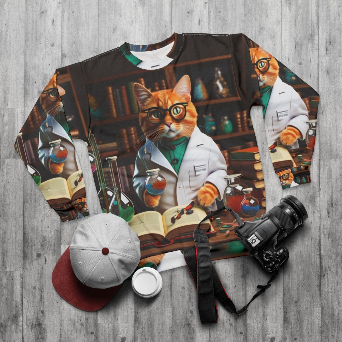 Funny cat sweatshirt with a playful design - flat lay