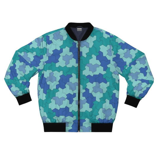 A blue and green bomber jacket featuring geometric Einstein shapes and aperiodic monotile patterns.