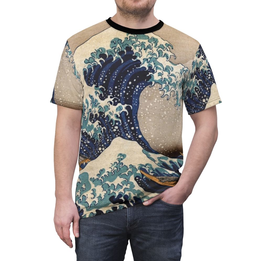 Vintage-style Japanese wave art print on an AOP t-shirt - men front