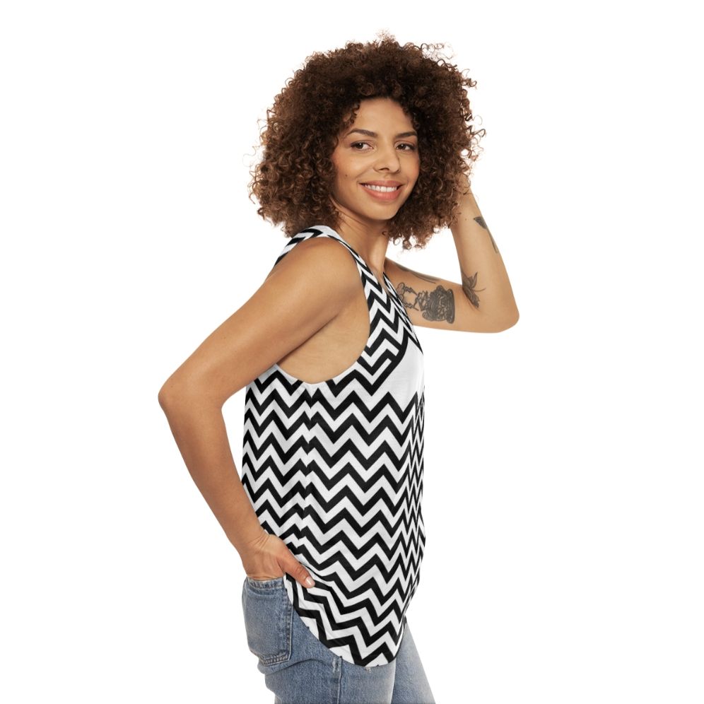 Twin Peaks Unisex Tank Top with Retro Graphic Design - women side