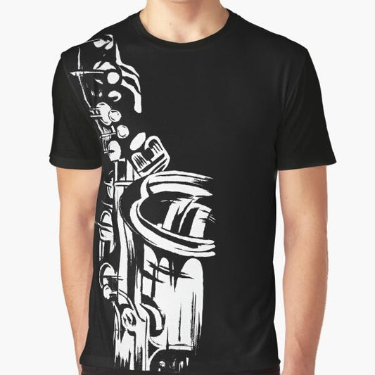 Saxophone keywork painting in monochrome on a graphic t-shirt