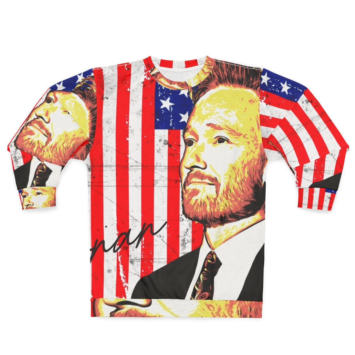 Conan O'Brien wearing an American flag sweatshirt