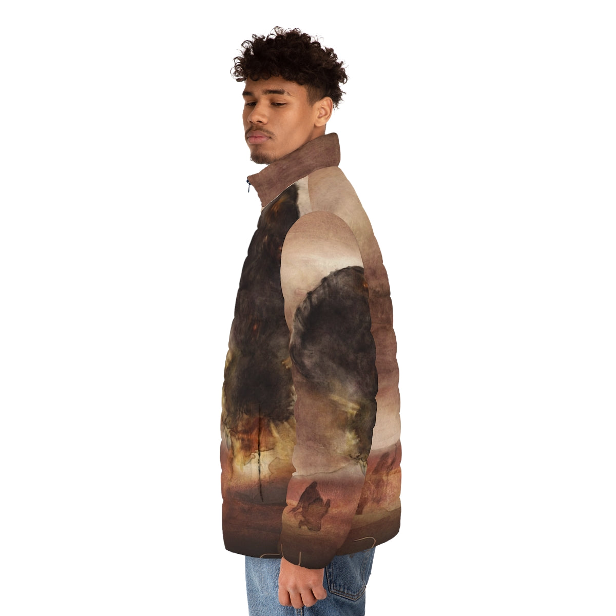 Dune 2020 Arrakis Puffer Jacket with Watercolor Dune Fan Art Design - men side left