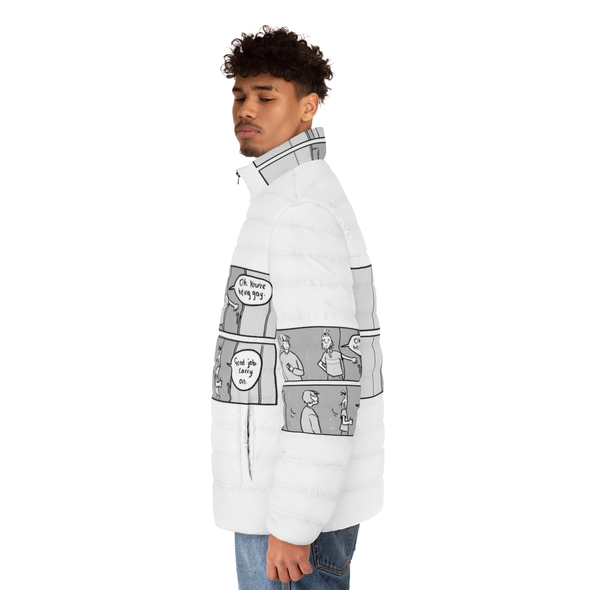 Heartstopper inspired LGBTQ+ puffer jacket with the phrase "Oh You're Being Gay, Good Job, Carry On" - men side left