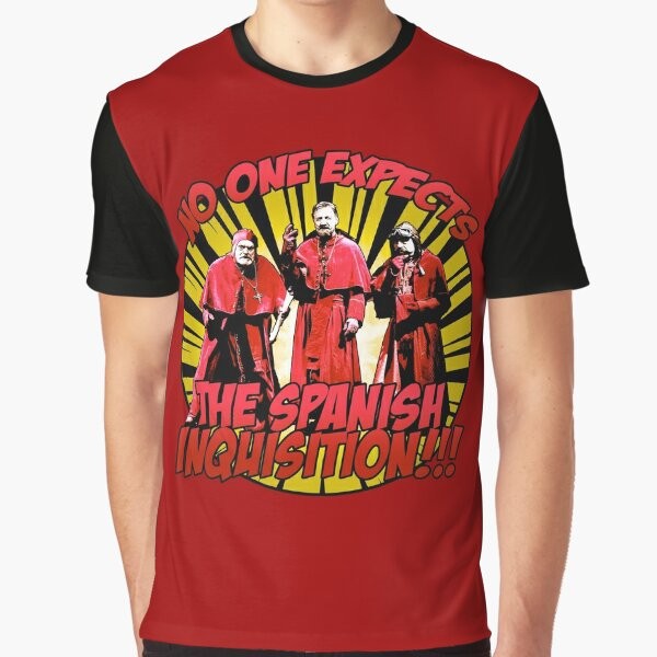 Graphic t-shirt featuring "No One Expects the Spanish Inquisition" design, a popular Monty Python comedy reference.