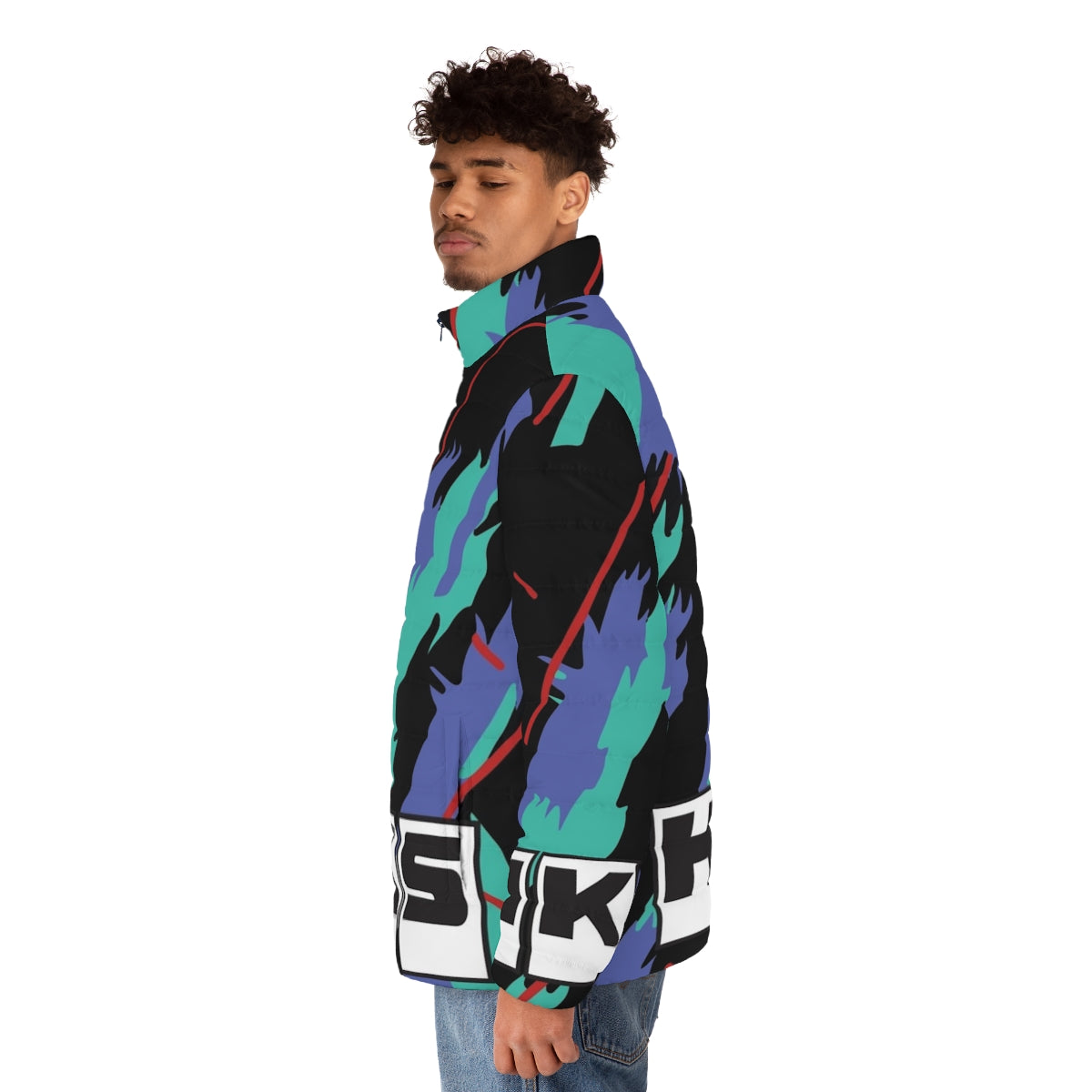 HKS Retro Pattern Puffer Jacket with JDM and Drifting Inspired Design - men side left