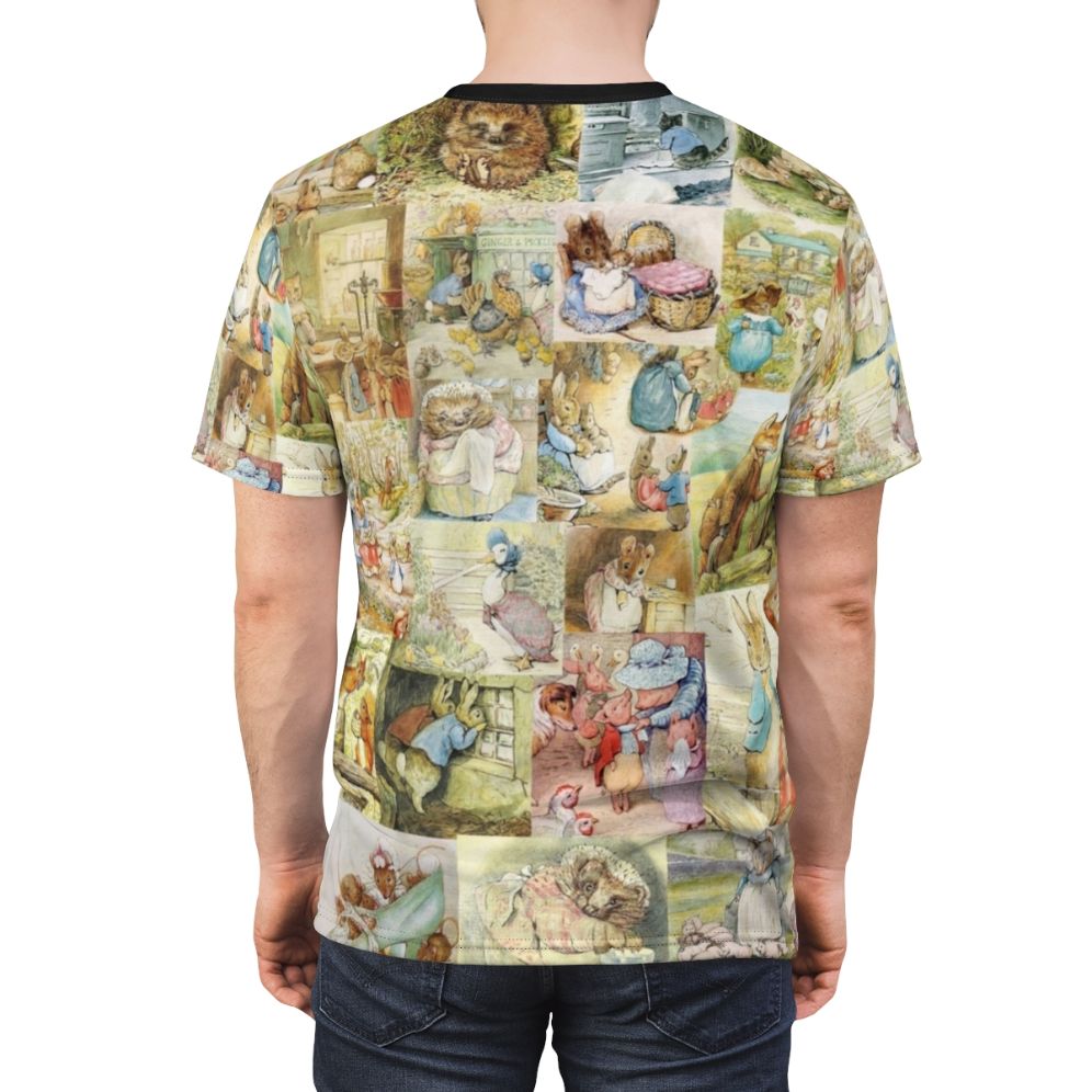 Collage T-shirt featuring a whimsical design inspired by the works of Beatrix Potter, including characters like Peter Rabbit and Jemima Puddle-Duck. - men back