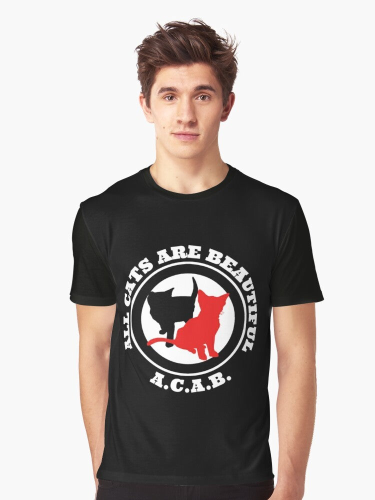 Graphic t-shirt design with the text "All cats are beautiful" and anarchist symbols, promoting cat and animal rights activism. - Men