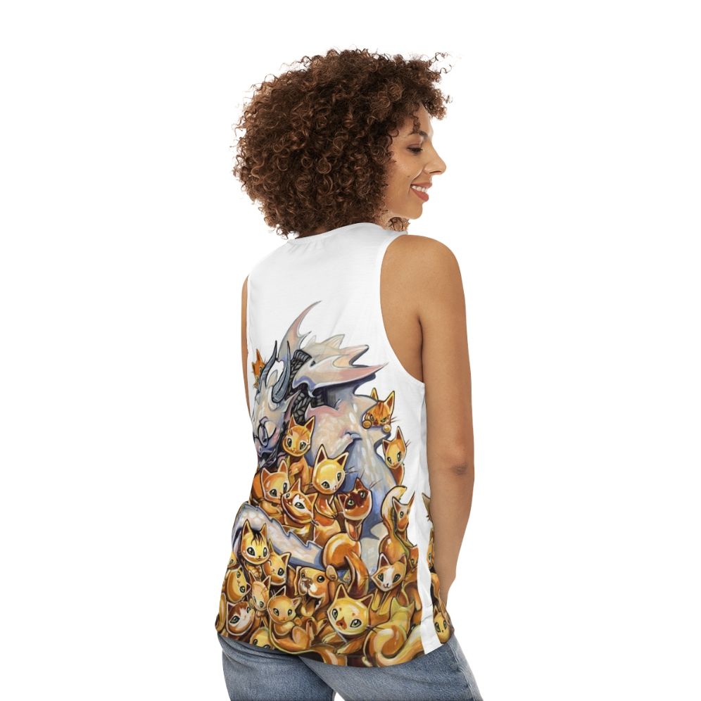 Unisex tank top featuring a cat dragon hoarding golden kittens - women back