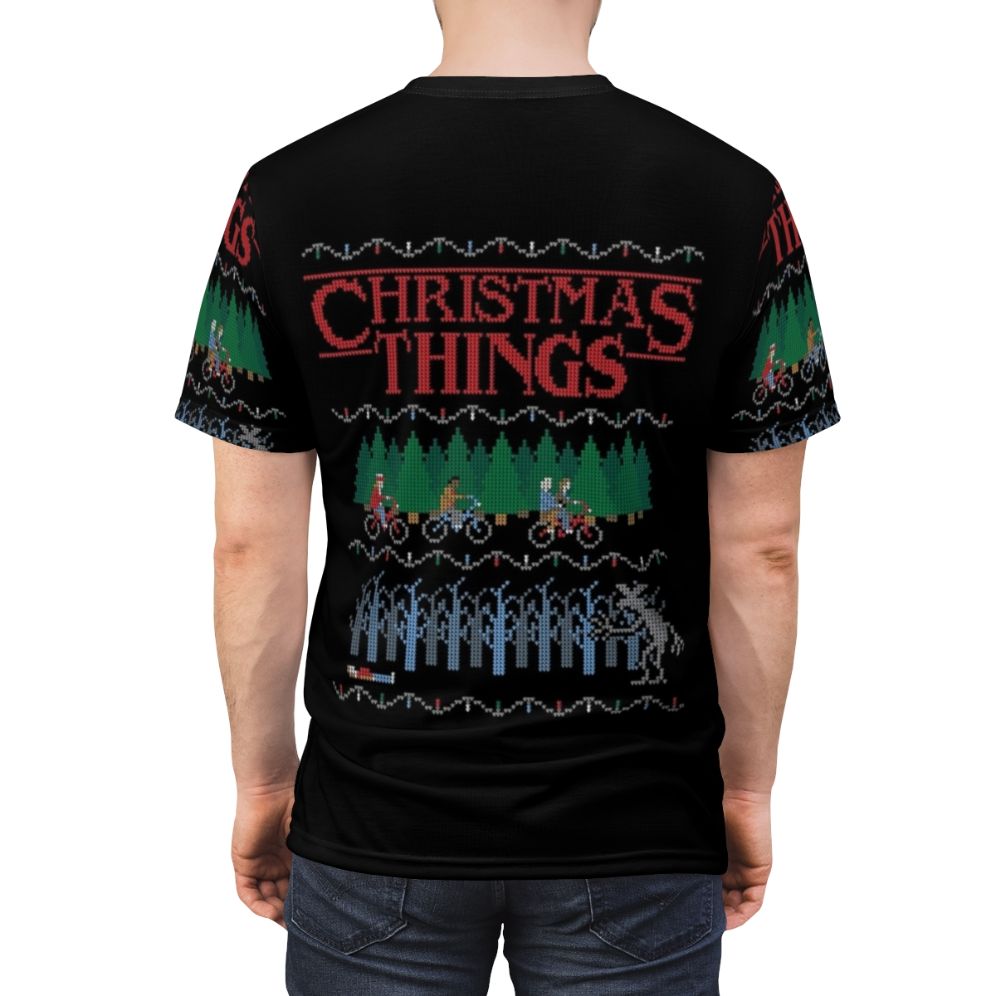 Stranger Things inspired Christmas t-shirt design with holiday elements - men back