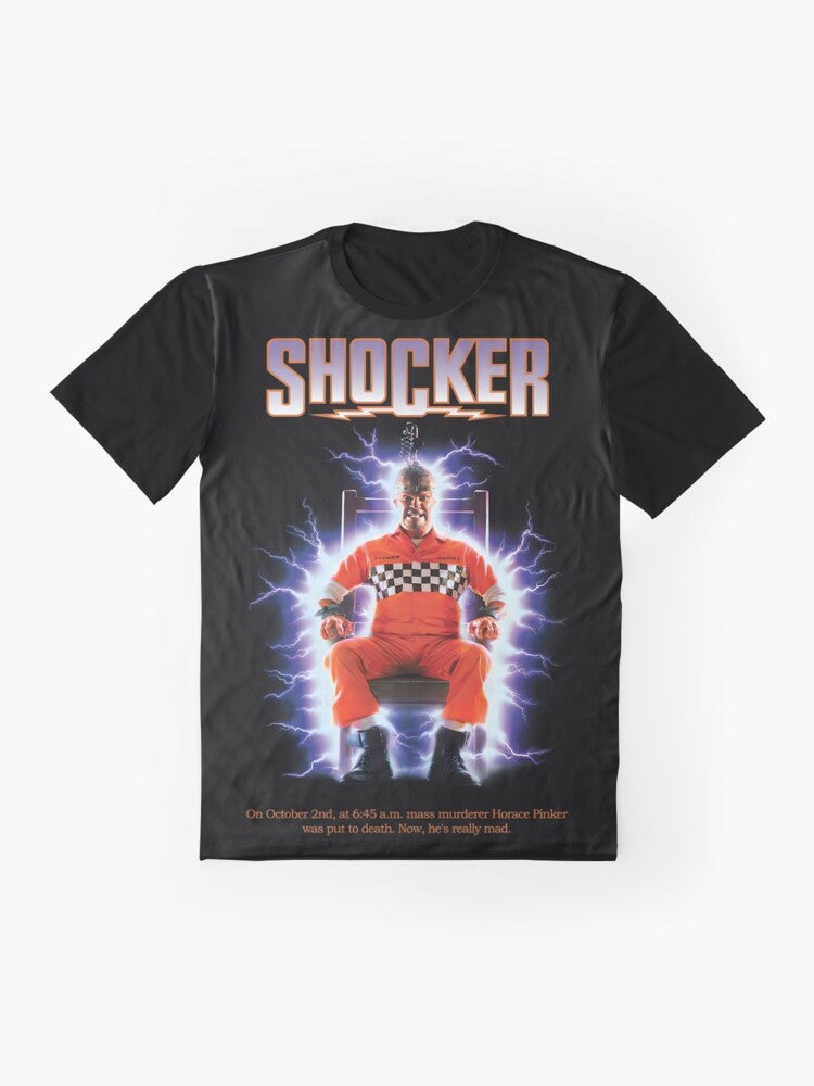 Shocker horror movie graphic t-shirt featuring a stylized design - Flat lay