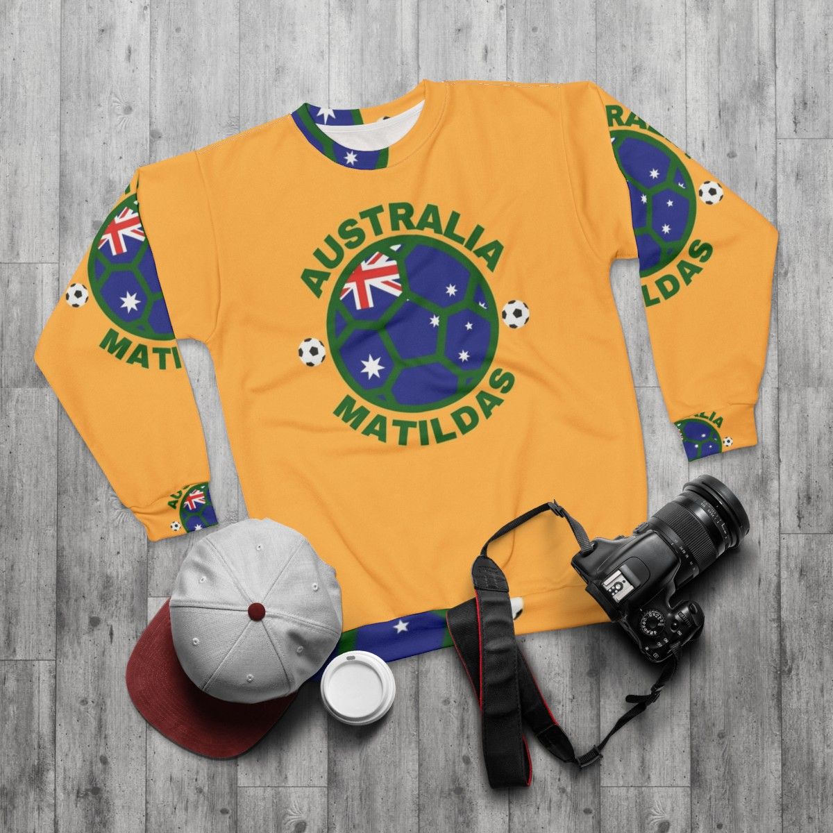 Matildas Australia Women's Soccer Team Kangaroo Green and Yellow Sweatshirt - flat lay