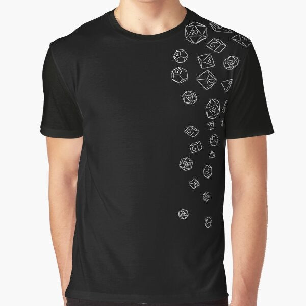 Cascading dice graphic t-shirt for gamers and role-playing enthusiasts