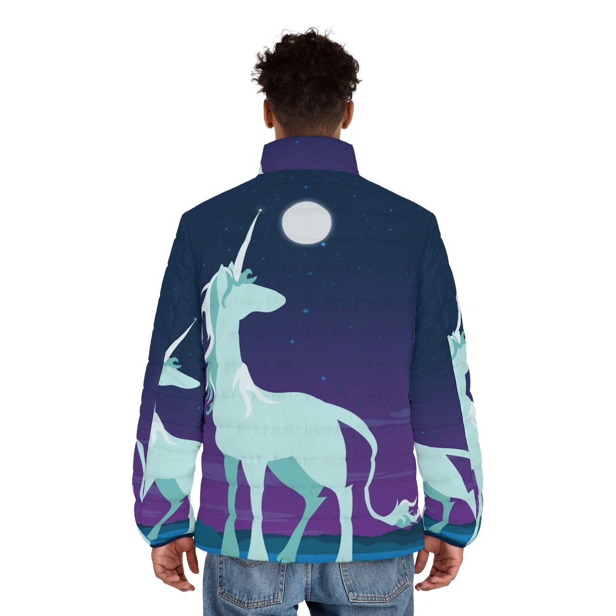 Cozy and whimsical unicorn-themed puffer jacket - men back