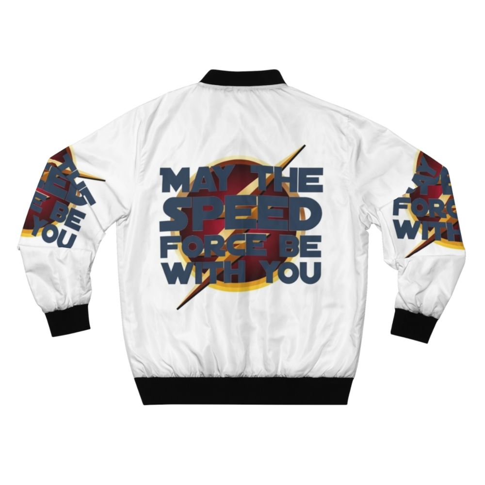 Arrowverse superhero bomber jacket with "May the Speed Force Be With You" design, featuring elements from The Flash and other CW shows. - Back