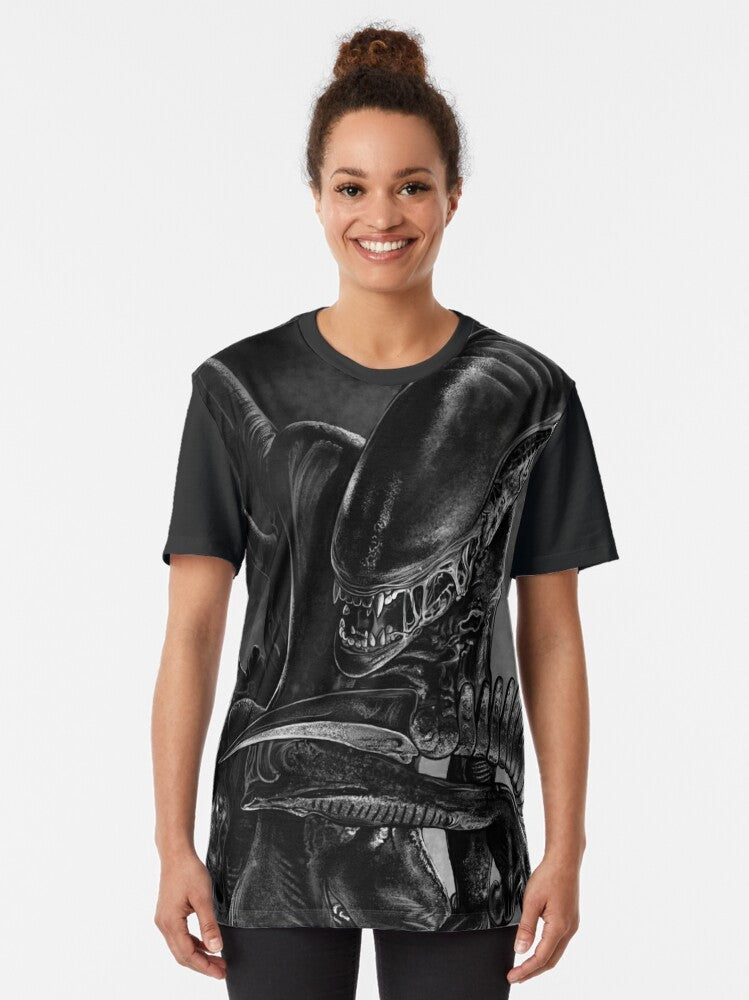 A hand-drawn graphic of a xenomorph alien on a t-shirt for art enthusiasts. - Women