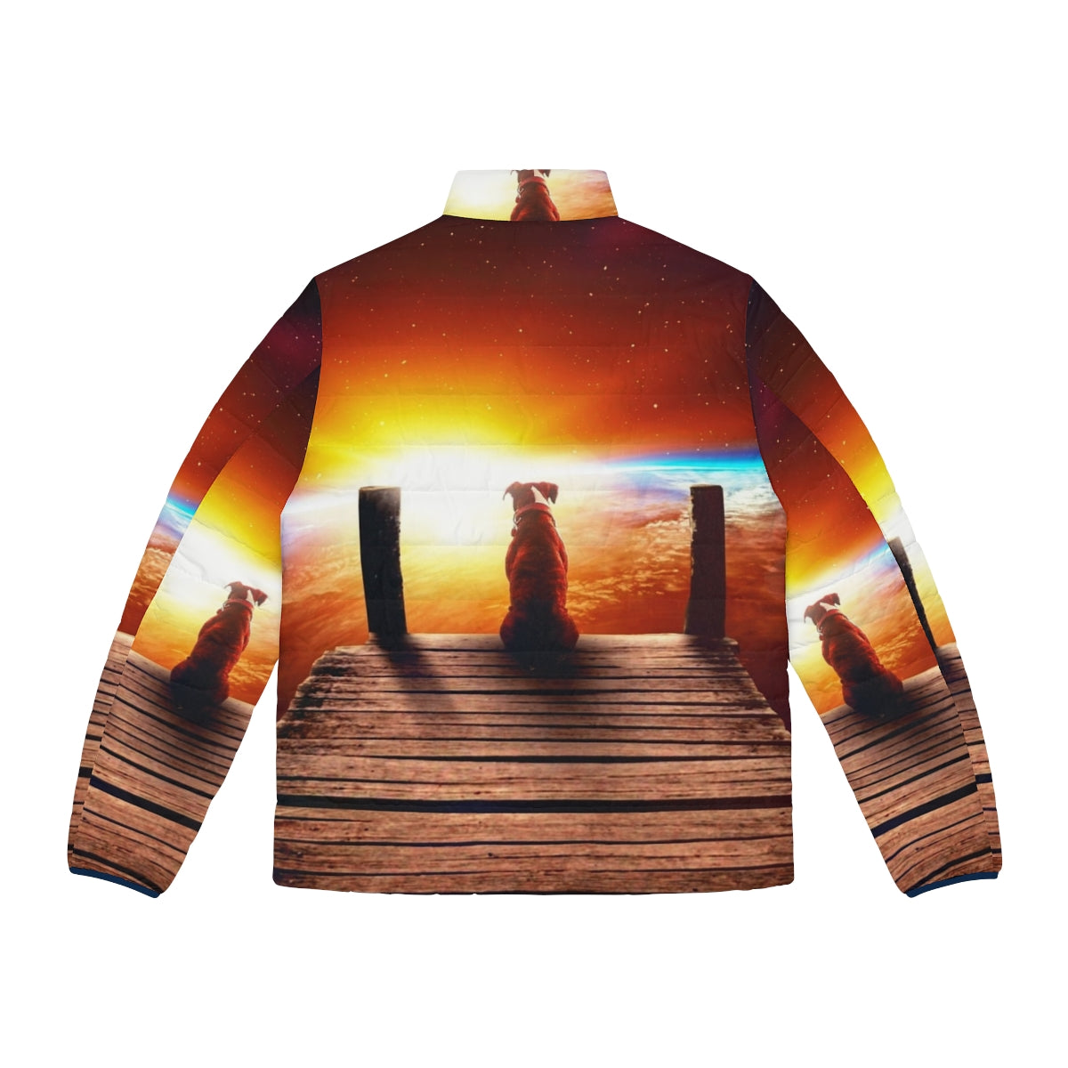 Surreal digital art puffer jacket with a dog in a space-like setting - Back