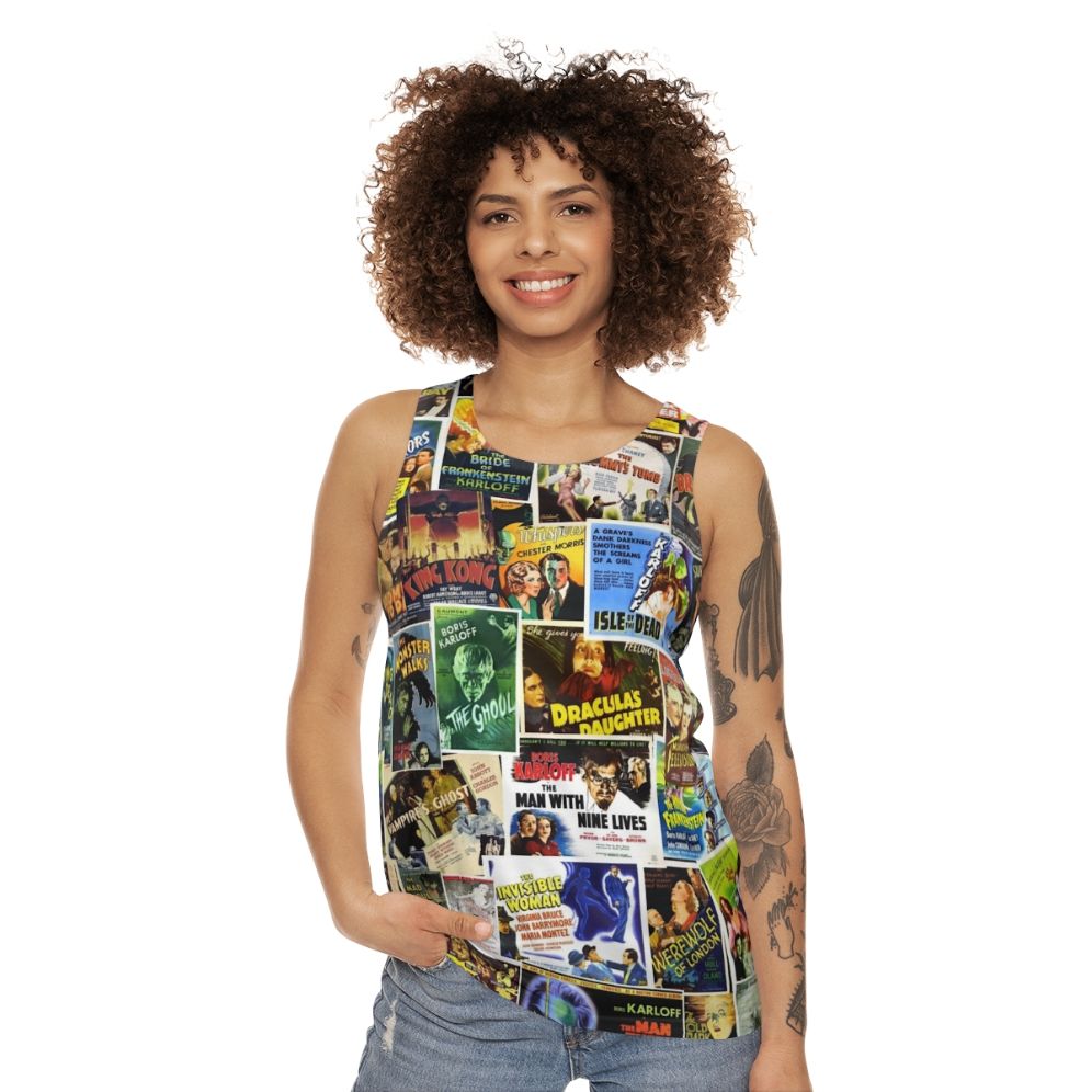 Vintage horror unisex tank top with classic monster movie graphics - women