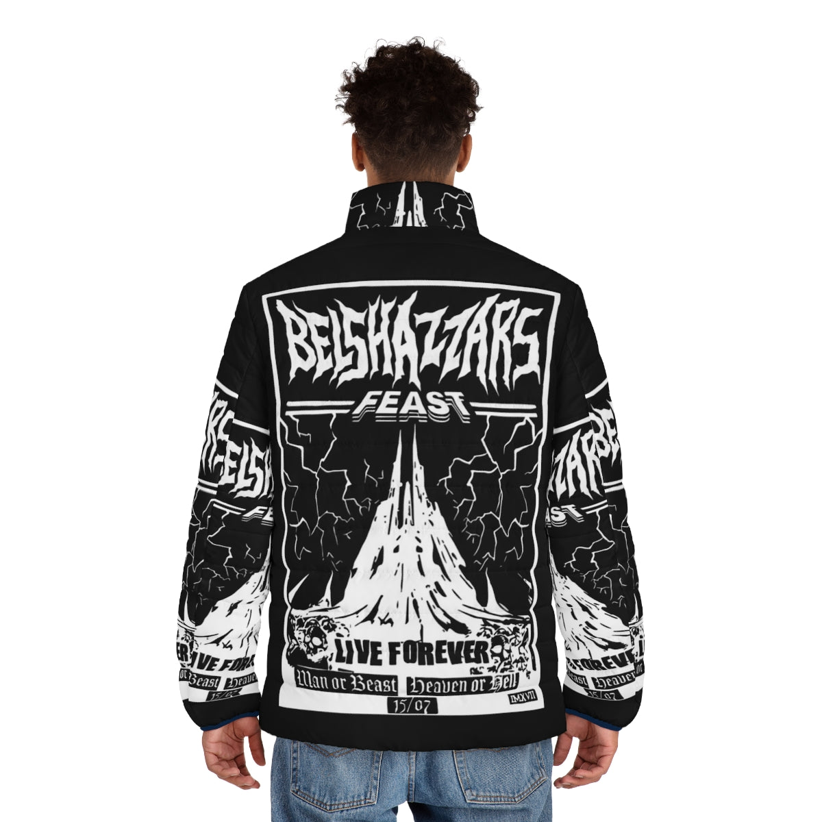 Belshazzar's Feast Puffer Jacket featuring the iconic writing on the wall design - men back