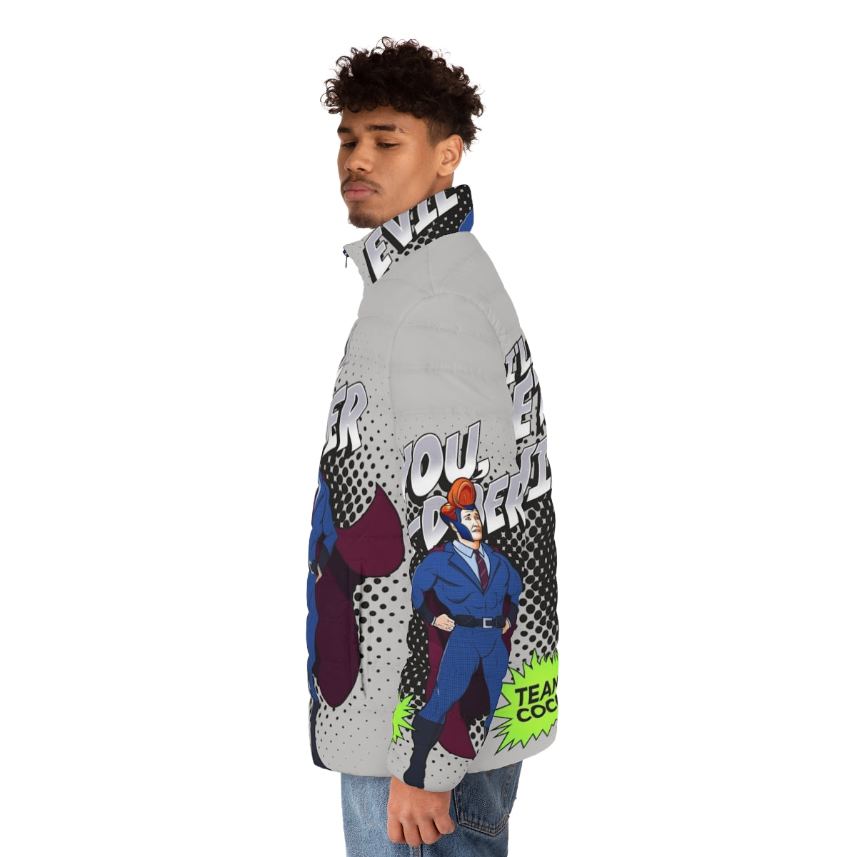 A model wearing a stylish puffer jacket with a superhero-inspired design - men side left